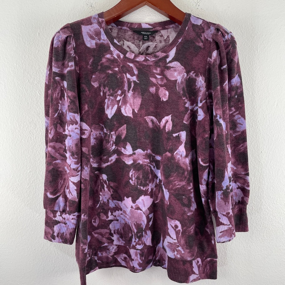 Simply Vera Vera Wang Purple Floral Puff Sleeve Knit Top XXL Plum Rose Crewneck